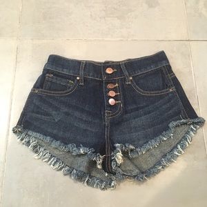 high-rise dark blue denim shorts